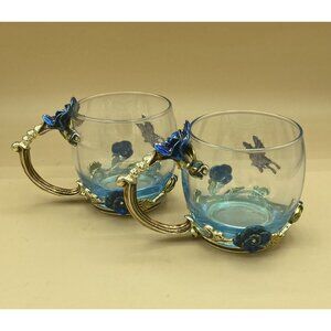 ARC of France Luxury Classic Enamel Coffee Cup Blue Butterfly LOT 2